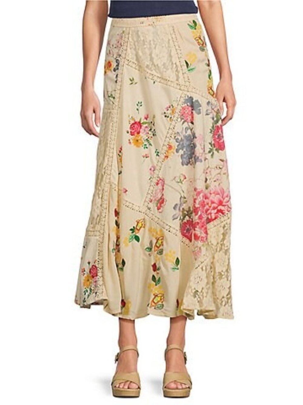 REBA Paige Floral Patchwork and Lace Maxi Skirt SZ L NWT